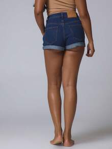 Musera Petite Shorts de mezclilla clásicos de cintura media con puño, talla pequeña, estilo básico, ropa de calle linda para otoño, adecuados para salidas casuales, shorts de mezclilla primavera/verano - Azul lavado oscuro - Ver 5