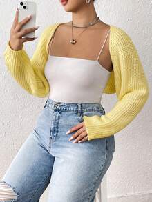 SHEIN EZwear 大尺碼女款淡黃色長袖背心薄款開襟衫 - 鵝黃色 - 查看 1