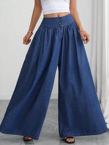 Elenzga Fall Casual Wide Leg Button Up Brown Denim Daily Wear Washed Comfortable Flattering Jeans For Women - Blue - View 2