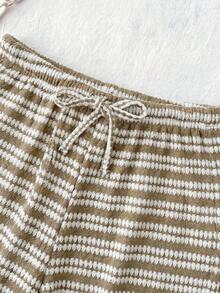 Teen Girl Knit Striped Drawstring Fitted Casual Long Pants - Khaki - View 3