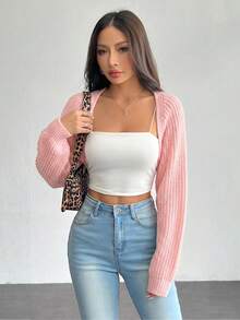 SHEIN PETITE 女款休閒百搭純色短版開襟衫 - 淺粉色 - 查看 5
