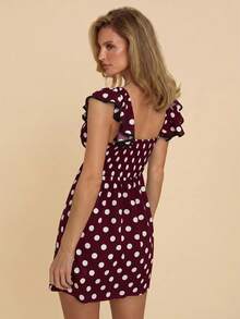 COSMINA Women's Elegant Romantic Vintage White Polka Dot Twist Knot Ruffle Mini Dress, All Season, Versatile For Valentine's Day Date Tea Party, Vacation - Burgundy - View 2