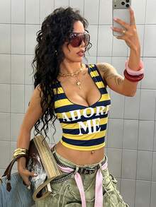 StreetHx Women's Street Casual Striped Letter Print Tank Top - Multicolor - View 6