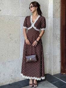 Pariaura Vestido de satén con lunares marrones de estilo retro francés, vestido midi con cuello en V y cintura ceñida para mujer, vestido de té con elegante estilo de resort, vestido de lunares marrones, vestido de lunares para mujer, vestido de lunares elegante - Marrón - Ver 6