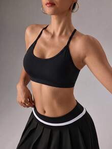 SHEIN Dewbera 女款純色交叉背日常健身運動內衣 - 黑色 - 查看 3