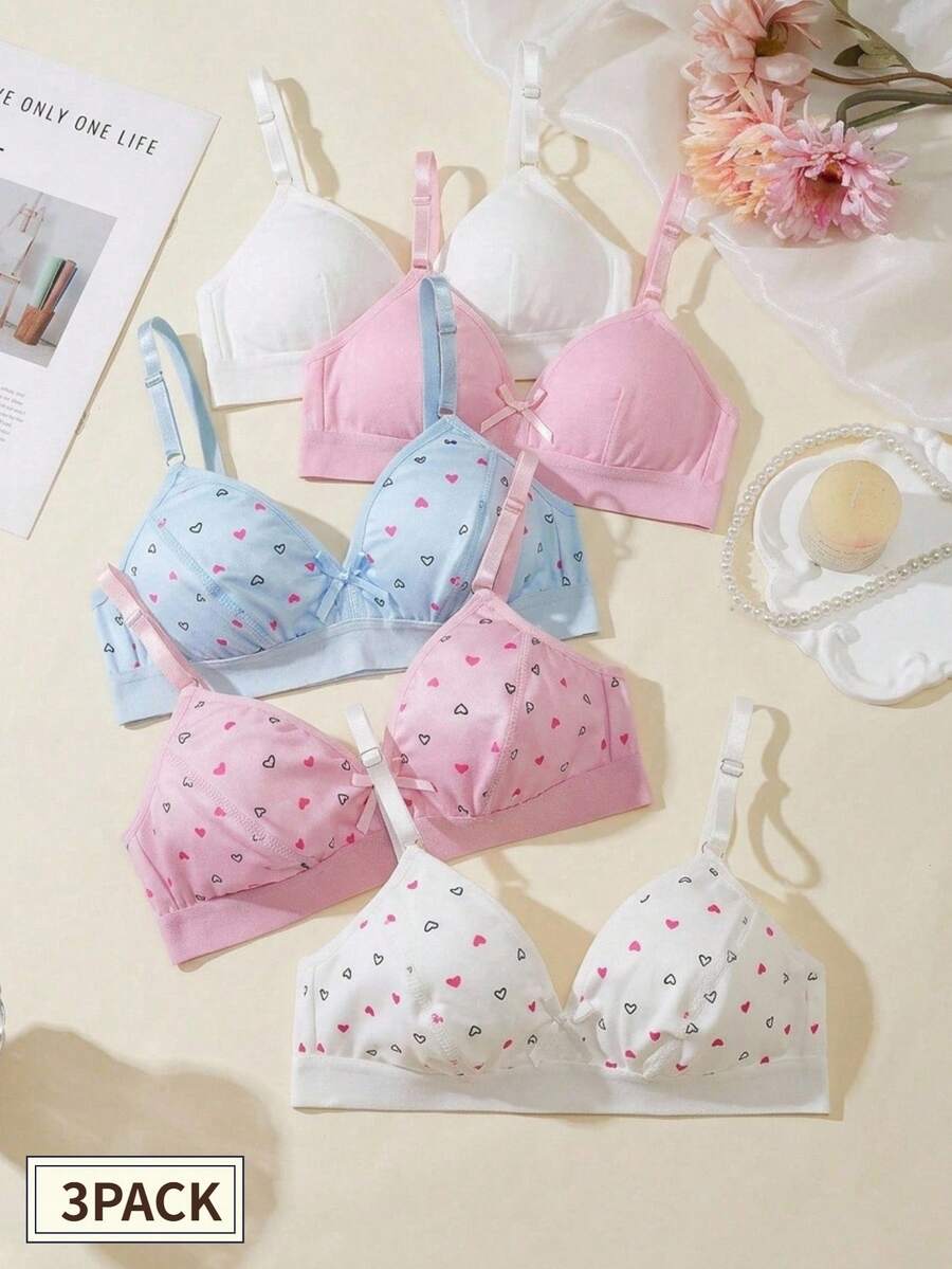 Teen Girl Bow Heart Pattern Print Bra - Multicolor - View 1