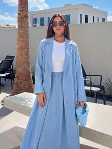 Yasveil Suit Peak Lapel Double-Breasted Long Sleeve Abaya And Elastic Waist Flared Skirt Set - Blue - View 8