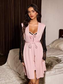 Slumberist Standard Size Women's Fashion Lace Nightgown And Sleepwear Set With Belt Decoration - Dusty Pink - View 5