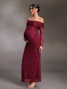 Cheriluna Maternity Maternity Off-Shoulder Long Sleeve Fitted Elegant Lace Photography Dress - Burgundy - View 3
