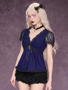 ROMWE Goth 優雅宮廷風畢業/派對女款黑色與紅色網紗透明蝴蝶結V領短袖十字吊墜荷葉邊飾襯衫 - 紫色 - 查看 5