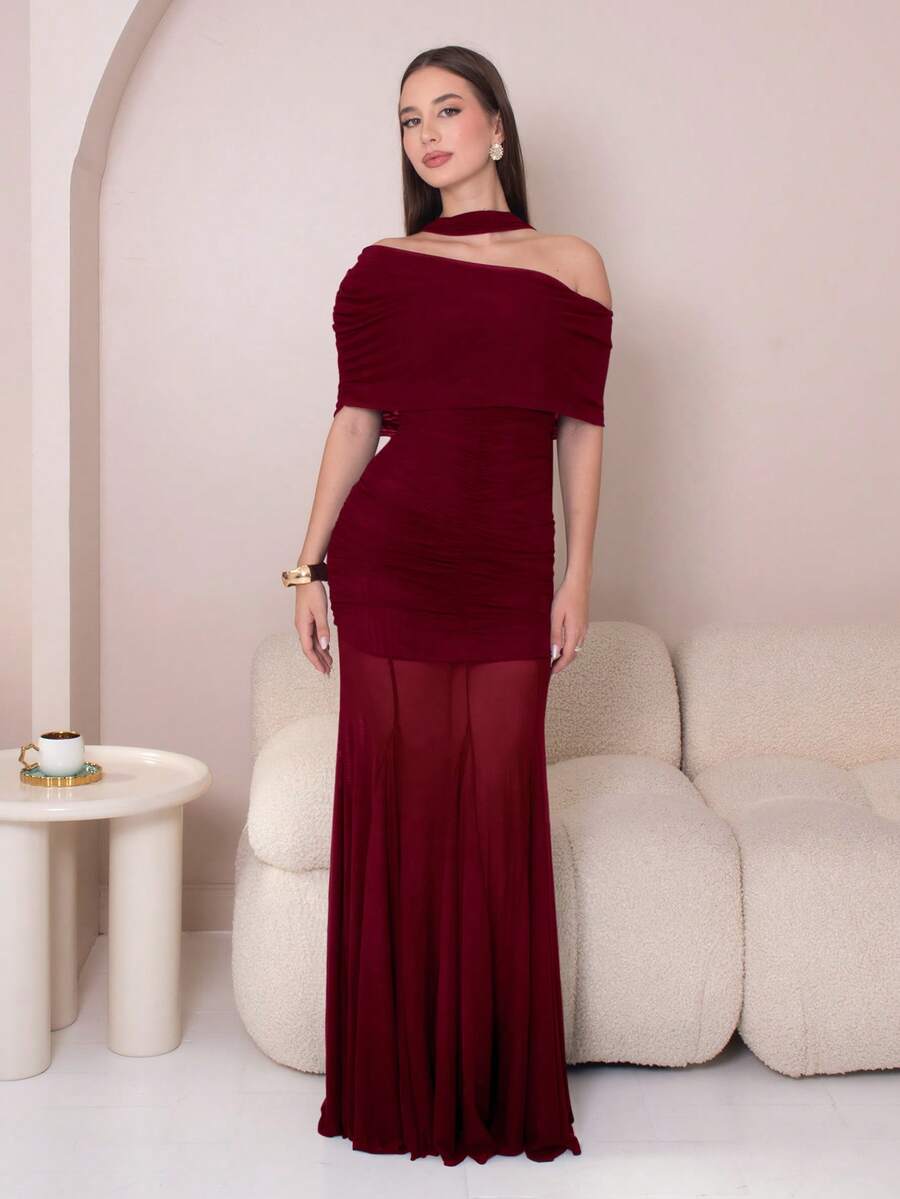 Duda Rubert 女款純色極簡休閒不對稱領口綁帶洋裝,婚禮賓客禮服,情人節優雅夏季穿搭 - 酒紅色 - 查看 1