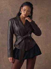 SHEIN BAE Women's Fashion Commuter Retro Belted Jacket - Coffee Brown - View 4