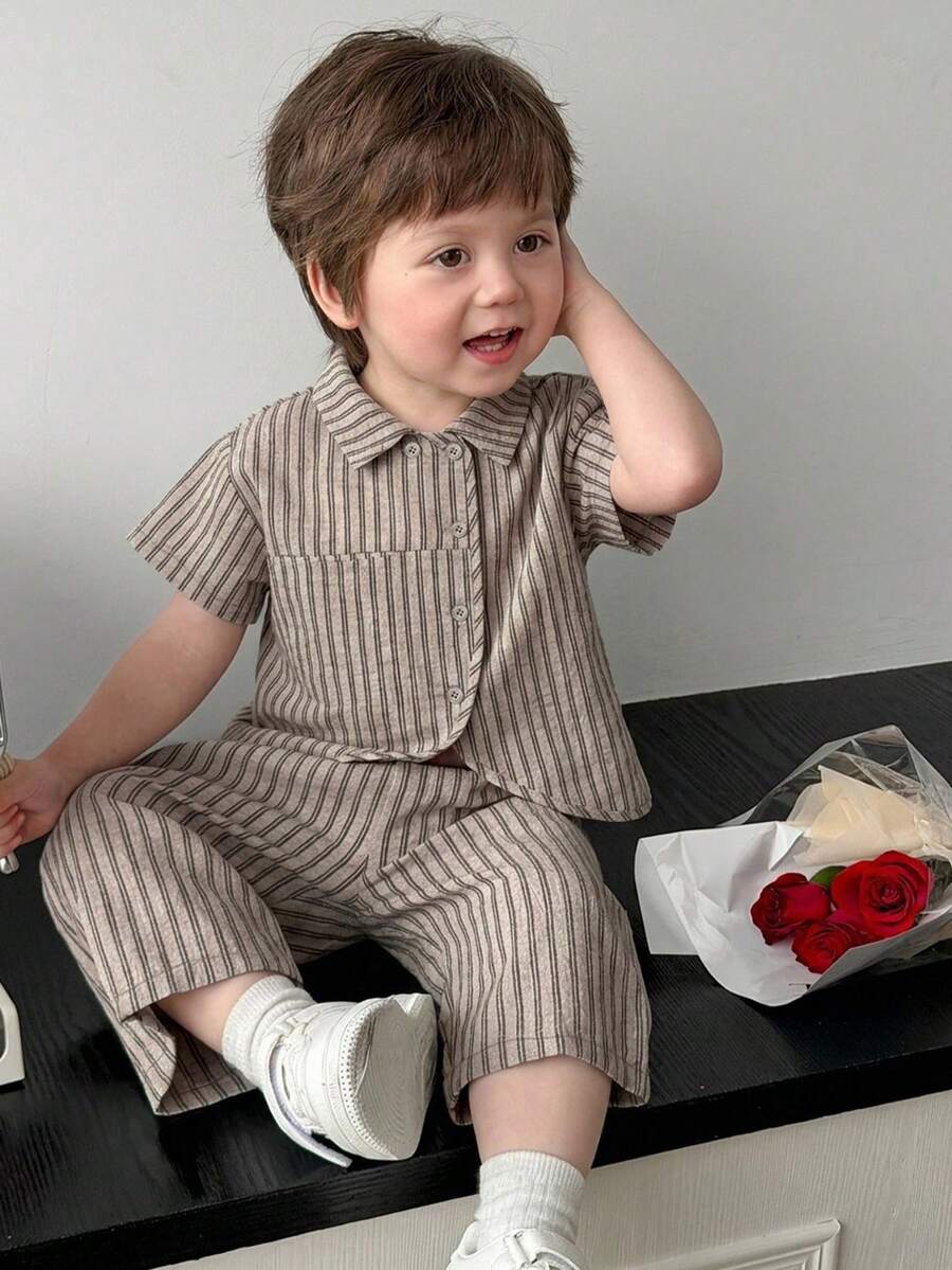 DAZY 男嬰條紋短袖上衣與長褲套裝 幼兒 - 淺灰色 - 查看 1