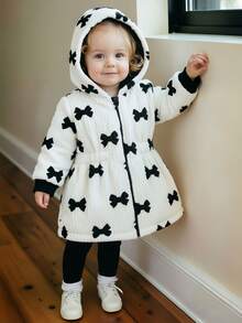 SHEIN Playful Pals Reversible Baby Girl Autumn/Winter Bow Plush Flannel All-Match Versatile Casual Thickened Waist-Cinching Long Coat Warm Jacket - Black and White - View 7