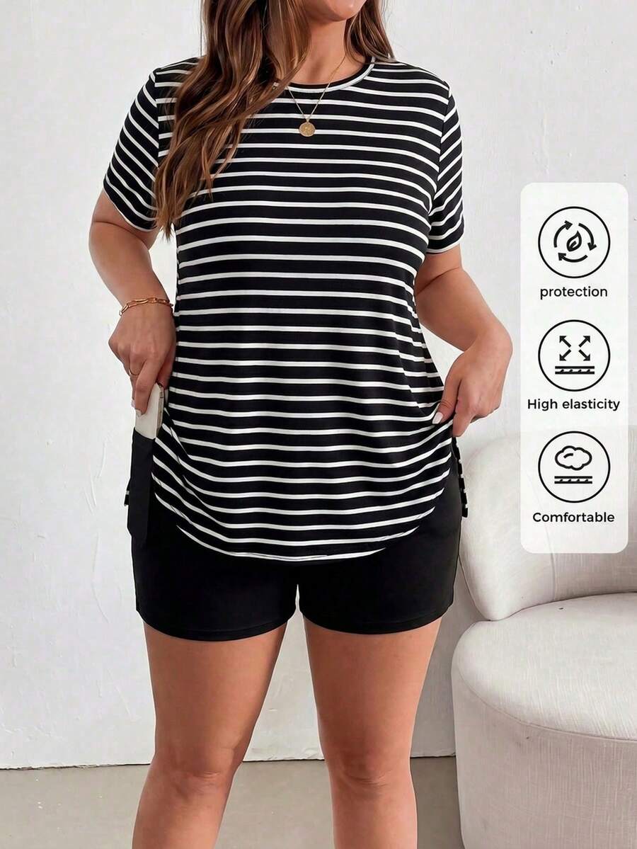 SHEIN Essnce 大尺碼女款春夏時尚休閒寬鬆彈性舒適日常基本百搭顯瘦條紋短袖T恤與黑色機車短褲兩件套，街頭穿搭，機場穿搭，簡約風格，歐洲夏季，黑白套裝