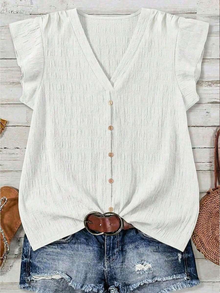 EMERY ROSE Plus Size Casual White Shirt, Suitable For Summer - White - View 1
