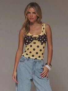 MUSERA Scoop Neck Wrap Front Bust Detail Polka Dot Printed Mesh Tank Top Cute Sexy 2000s Y2k Holiday Spring Summer Night Out Going Out Brown And Yellow - Yellow - View 4