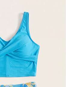 SHEIN Baju Renang Bikini Liburan Musim Panas untuk Remaja Putri, Setelan Dua Potong Motif Bunga Biru Silang Belakang, Pakaian Cepat Kering untuk Bermain di Pantai dan Kolam Renang - MultiWarna - View 3