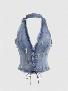 ROMWE Grunge Punk ملابس علوية جينز نسائية مقاس كبير بقصة ضيقة وياقة هالتر مزينة بصليب معدني بطابع فينتاج مثير وثقافة فرعية - الأزرق - مشاهدة 1