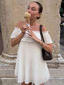 Flora Isola Flora Isola Vestido corto de mujer con hombros descubiertos, tela jacquard texturizada y calada, adecuado para uso diario, viajes, vacaciones y citas - Blanco - Ver 4