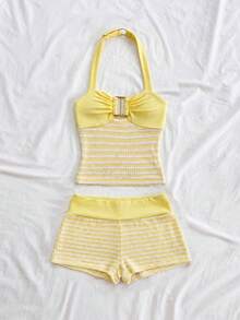 SHEIN Tween女孩時尚休閒度假條紋拼接掛脖背心套裝，海灘度假風 - 黃色 - 查看 4
