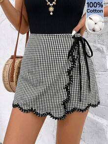 SHEIN Frenchy 女款格紋側綁帶不對稱下擺裙褲 - 黑色 - 查看 7