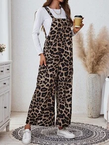 Comfylo Plus Size Leopard Print Wide Leg Jumpsuit - Brown - View 5