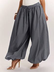 SHEIN BAE Women's Plaid Loose Lantern Sleeve Waist Tie Long Pants Vacation Black Gingham Autumn Casual - Navy Blue - View 4