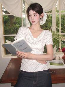 DAZY 女款圓領波點領結短袖T恤 夏季 - 白色 - 查看 9