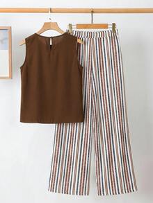 SHEIN Clasi Damen Set aus einfarbigem plissiertem Rundhals-Top und gestreifter Hose, 2-teilig, Casual - Verschiedenfarbig - Übersicht 2