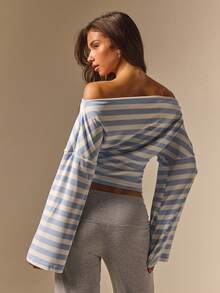 Athîral Women's Blue And White Stripe Stripe Stripe Off-Shoulder Drop Shoulder Long Sleeve Casual Coastal T-Shirt Vacation Autumn Vacation Brunch - Blue and White - View 3