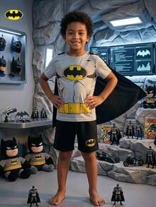 Maija Kids BATMAN X SHEIN Maija Kids 3件套男童超级英雄图案圆领短袖上衣和松紧腰短裤 - 彩色 - 查看 1