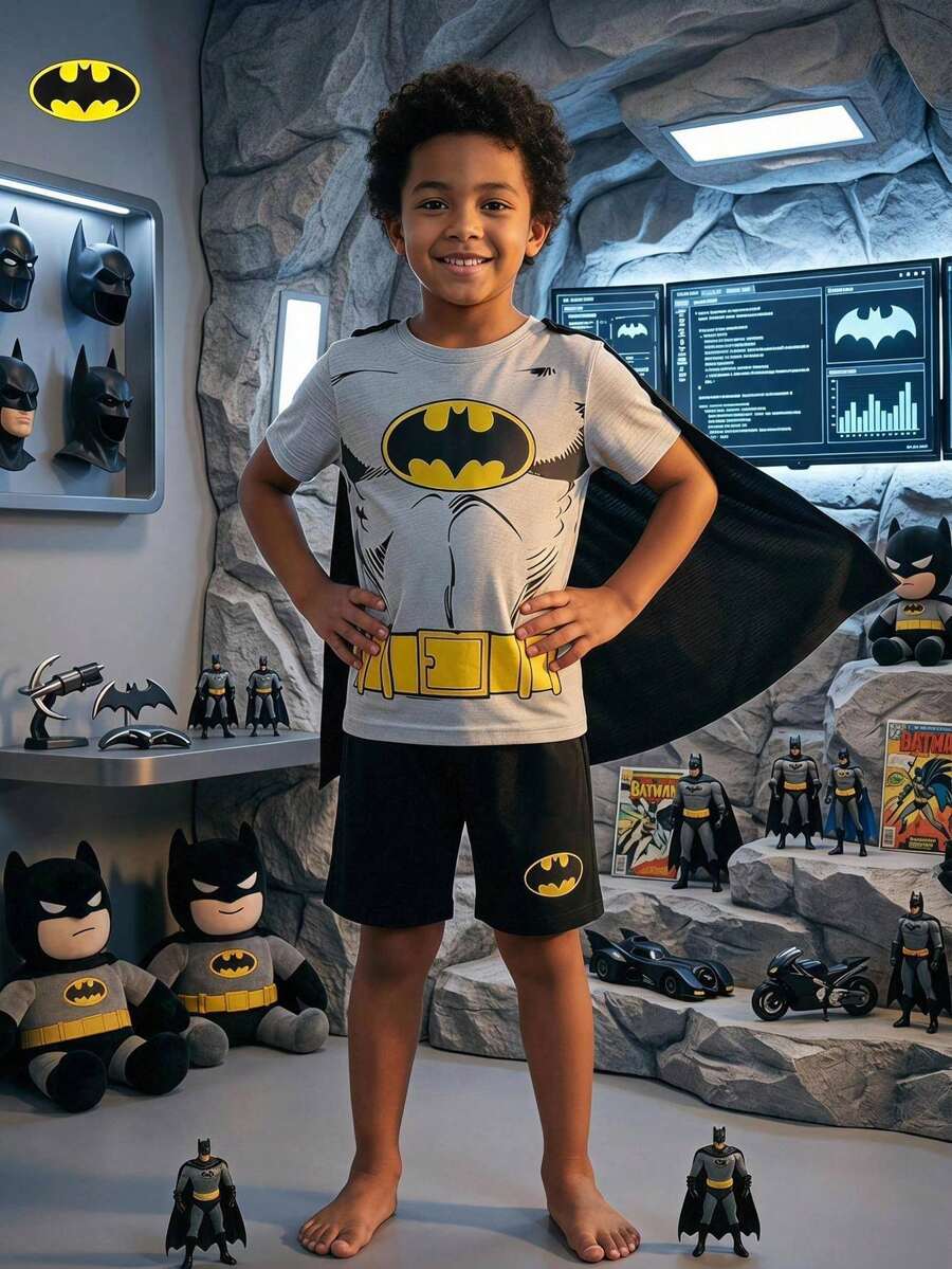 Maija Kids BATMAN X SHEIN Maija Kids 3件套男童超级英雄图案圆领短袖上衣和松紧腰短裤 - 彩色 - 查看 1