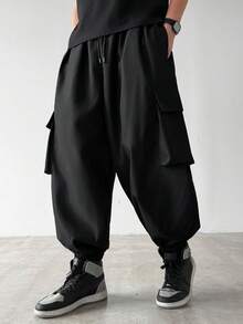 Manfinity Hypemode Plus Size Men's Loose Fit Cargo Pants With Drawstring Waist Vacation Holiday All Black Autumn Street - Black - View 3