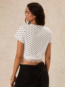 Easelle White Polka Dot Lace Patchwork Cropped T-Shirt For Women - Black and White - View 2