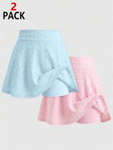 SHEIN 青少年女孩刺繡鏤空休閒百搭喇叭針織內搭褲裙，基礎款返校穿搭 - 彩色 - 查看 1