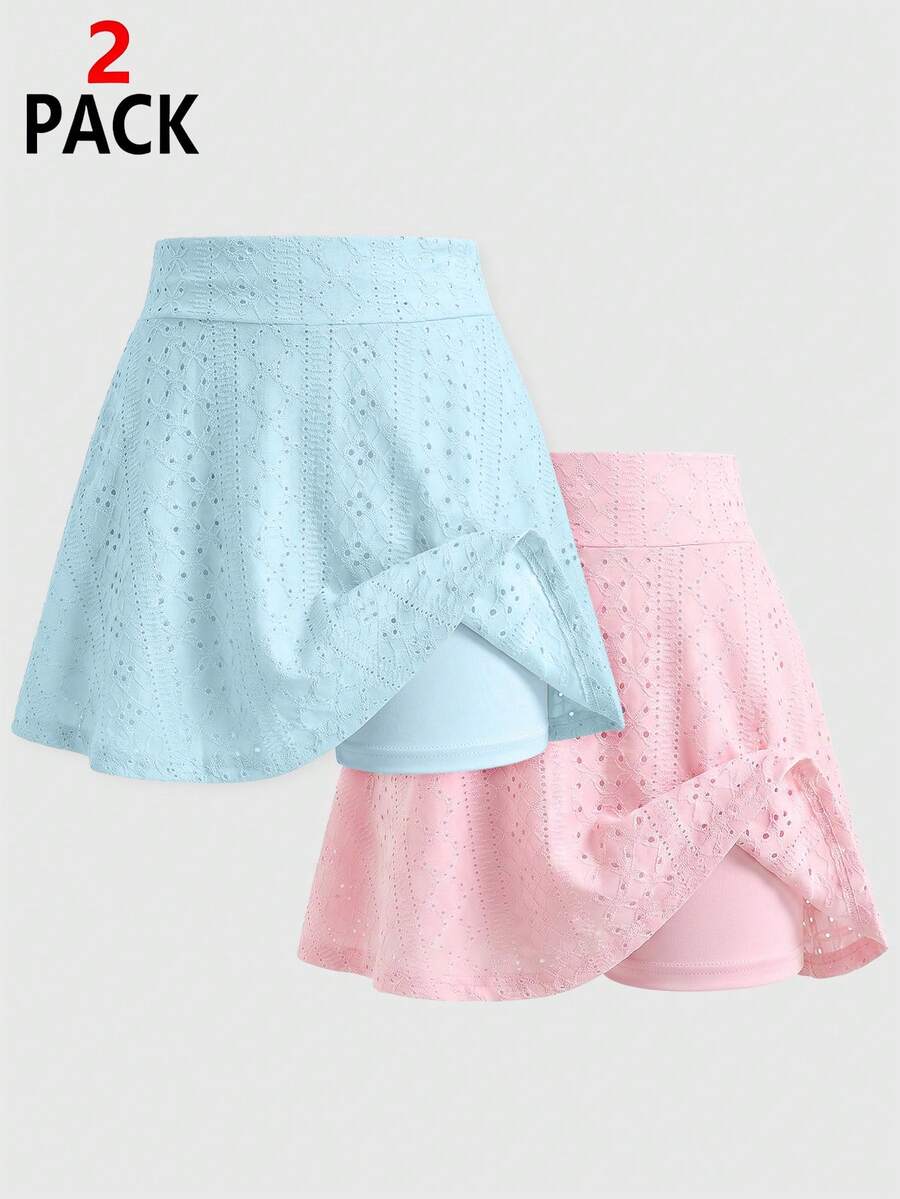 SHEIN 青少年女孩刺繡鏤空休閒百搭喇叭針織內搭褲裙,基礎款返校穿搭 - 彩色 - 查看 1