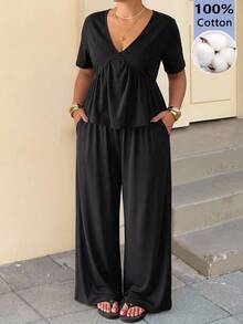 Muchica Plus Size Women's Solid Color Short Sleeve Ruffle Hem T-Shirt And Wide Leg Pants Casual 2-Piece Set Vacation Black Summer - Black - View 1