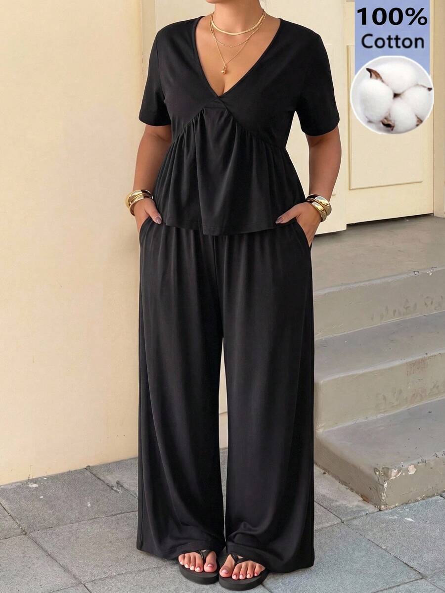 Muchica Plus Size Women's Solid Color Short Sleeve Ruffle Hem T-Shirt And Wide Leg Pants Casual 2-Piece Set Vacation Black Summer - Black - View 1