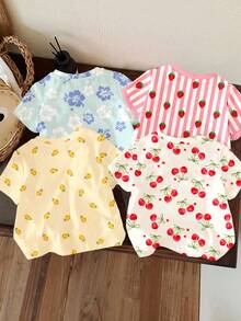 SHEIN 4pcs/Set Baby Girl Cute Fruit Print T-Shirts,Pink And White,Summer,Graduation,Short Sleeve Round Neck Tops,Casual Sweet Strawberry Lemon Cherry Tees - Multicolor - View 2