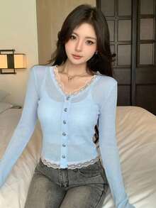 DAZY 夏秋淺藍色蕾絲飾邊拼接休閒甜美女款長袖開襟衫上衣 - 藍色 - 查看 6