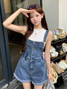 DAZY Quần yếm short denim nữ mùa hè ống rộng, gấu xắn, mài rách, màu xanh wash, phong cách Y2K - Màu xanh lam - Xem 9