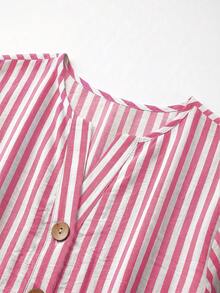 SHEIN 女款梭織條紋休閒通勤夏季襯衫 - 粉色 - 查看 3
