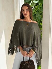 Firerie Women's Casual Tropical Solid Color Tassel Hem Top For Vacation Beach Vacation Olive Green Autumn - Apricot - View 11