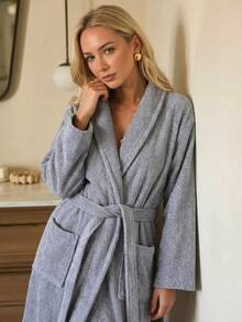 Bathrobe Soft Touch Contain Cotton Bathrobe For Women & Men - Made In Turkey, Lightweight, Absorbent, Comfortable Bath Robe - Grey - View 4