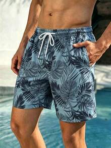 Manfinity Swimmode Shorts de playa con cordón en la cintura y estampado de plantas tropicales para hombre talla grande - Gris - Ver 7