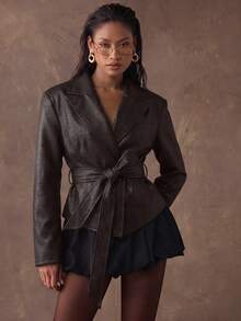 SHEIN BAE Women's Fashion Commuter Retro Belted Jacket - Coffee Brown - View 3