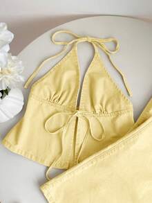 Elamini Solid Color Halter Top + Wide Leg Jeans Set Vacation Light Yellow Summer Casual Sexy Beach - Light Yellow - View 3