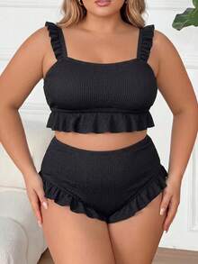 SHEIN CURVE+ 大尺碼女款兩件式比基尼套裝，優雅黑色紋理荷葉邊吊帶上衣 - 黑色 - 查看 1