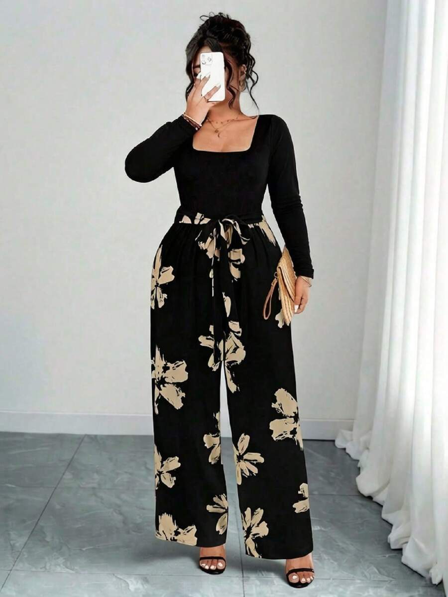Elenzga Plus Size Women's Floral Print Square Neck Long Sleeve Wide Leg Jumpsuit - Black - View 1